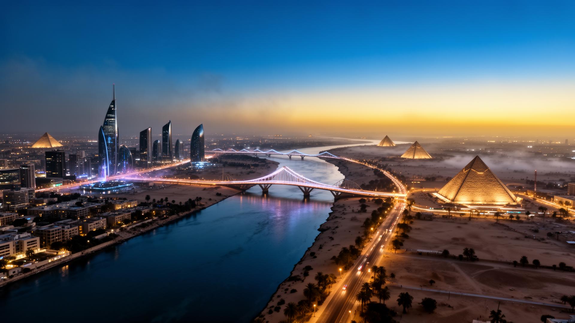 The Nile at dusk with the new capital